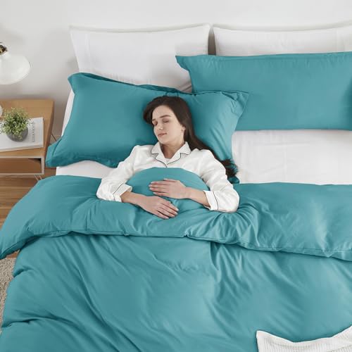Image of Hearth & Harbor Teal Duvet Cover Twin Size, 2 Piece Bedding Set | Soft Double Brushed Bedding Set, Button Closure, 1 Duvet Cover 68x90 Inches, 1 Pillow Sham