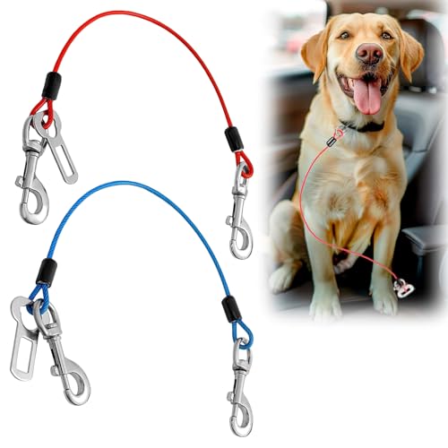 ChAusa 2 Stück Anschnallgurt Hund Auto 80cm Hunde Sicherheitsgurt Hundegurt Auto Hunde Anschnallgurt Auto Bissfeste Hundeleine aus Stahldraht PVC für alle Hunderassen Katzen& Autotypen(Blau+Rot)