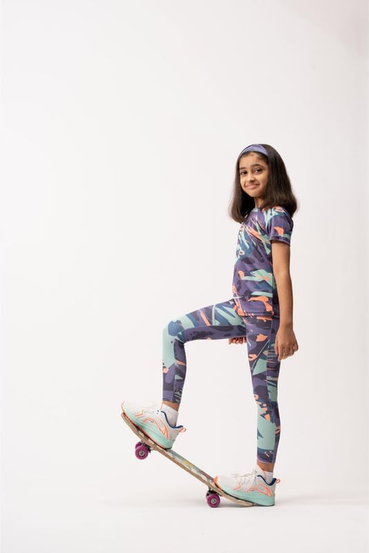 Image of Umildo Girls Active Sports Wear Printed Skinny Fit Leggings and Half Sleeves T-shirt Polyester Set /Sets For Multi-Sports Gym Yoga Dance Gymnastics & Running.