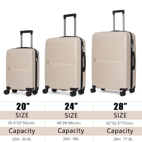 Luggage Set 3 Pieces - Suitcase Set - Carry on Luggage with Wheels - Check-in Luggage - PC + ABS Durable Suitcase Rotating Silent Wheels - 20/24/28 - Beige image 8