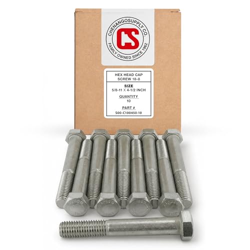 Image of Chenango Supply 5 /8-11 x 4-1 /2 inch Stainless Steel Hex Head Bolts - 304 Stainless, USS Coarse Thread, 100,000-125,000 PSI Tensile Strength, Corrosion-Resistant Hardware Bolts, (10 Pieces, 5 /8-11 x 4.5)