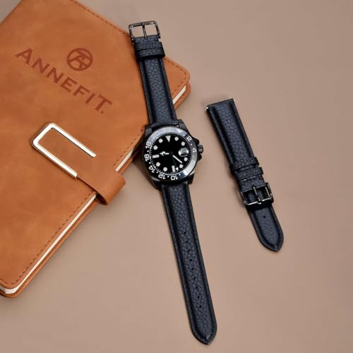 Image of ANNEFIT Watch Band 17mm, Quick Release Textured Padded Leather Straps with Black Buckle for Men and Women (Black)