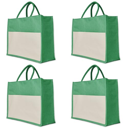 Pack of 4 Green Juco Tote Bags – Eco-Friendly Reusable Burlap Bags with Strong Handles for Travel, Groceries, Weddings & More – 13