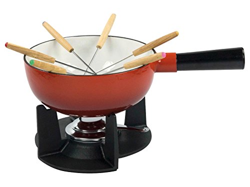 Ilsa Enameled Cast Iron Cheese Fondue Set, Dia 8 5/8\" x H 3 1/8\", 2 5/8 Qts.
