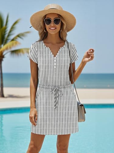Image of Womens Summer Casual Dresses Short Sleeve Striped Dress Boho Beach Vacation Tie Drawstring Waist Sun Dresses with Pockets