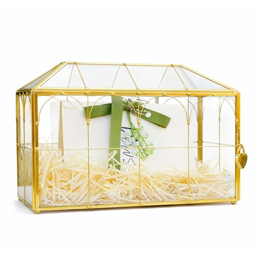 Corvanero Wedding Card Box with Slot and Lock 12.6 Large Gold Card Box for Reception Glass Decorative Card Holder Reusable Keepsake Storage for Wedding Party Baby Showers Tabletop Decor