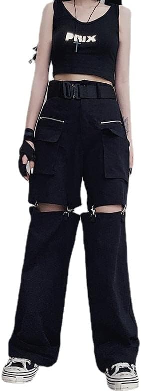 CYee Pantalones de cintura alta para mujer, holgados, punk, hadas, anchos, extraíbles, con hebilla de metal