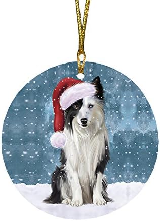 Let It Snow Border Collie Dog Round Flat Ornament - Pet Decorative Hanging Ornaments for Christmas X-mas Tree Decorations - 2.75" Round Ceramic Christmas Ornament POR1484