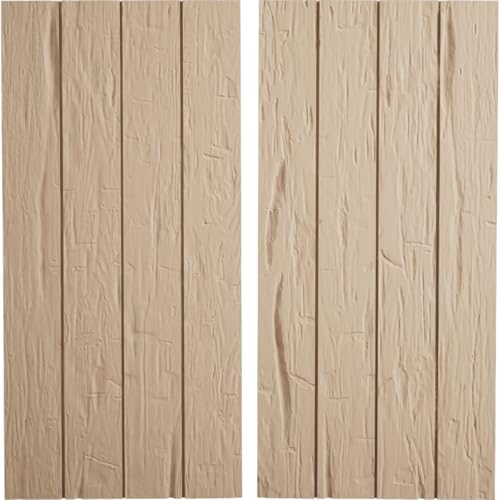 Ekena Millwork 22"W x 30"H Rustic Four Board Joined Board-n-Batten Hand Hewn Faux Wood Shutters w/No Batten (Per Pair), Primed Tan