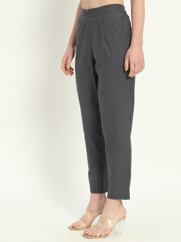Image of Women's Solid Straight Fit 100% Cotton Trousers | High Waist, Side Pockets, Ankle Length Pants for Office, Casual
