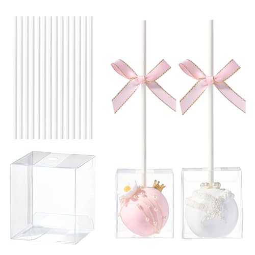 25 Pack Professional Cake Pop Boxes with Holes & 6 Sticks - Food-Safe 1.75 x 1.75 x 2 Clear Plastic Containers for Bakeries & Events