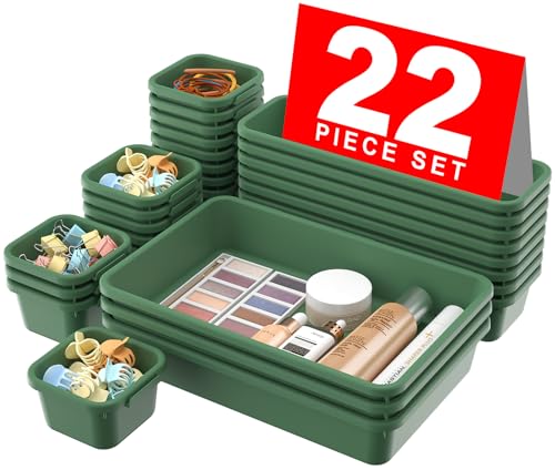 A-LuGei 22Pcs Army Green Minimalist Plastic Drawer Organizer, Storage Bins for Vanity, Bathroom, Kitchen, Office, Craft Room