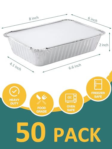Image of NEEBAKE 50 Pack 8x6 Disposable Aluminum Pans with Lids Aluminum-Foil-Pans-Tin-Foil-Baking-Pans-Tin-Trays-Food-To-Go-Containers-for-Meal-Prep-Cooking-Roasting-Heating-Takeout