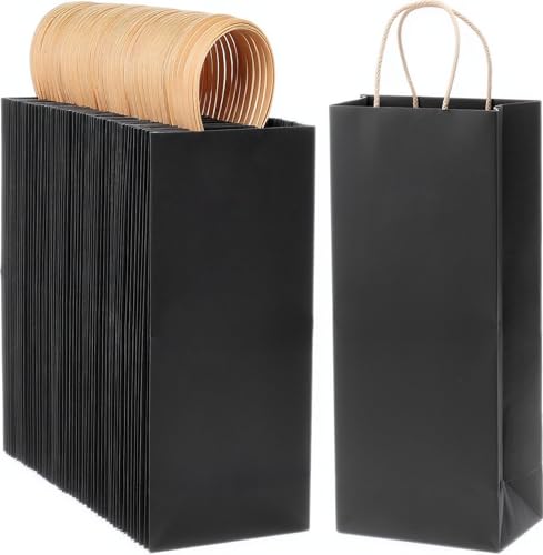 excvalues Kraft Paper Bags 5.6x3.4x13 100Pcs Recyclable Bulk White Wine Bag Gift Tote Bottle Bag Retail Shopping Bags With Handles for Business Gift Wrap (Black)