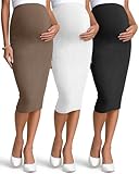 Sweetyweee 3 Pack Women's Maternity Skirts, Over The Belly Thermal Midi Ribbed Pregnancy High Waisted Stretchy Pencil Skirts(Coffee, White, Black,Medium)