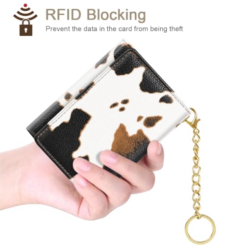 Image of Cow Print Small Wallet Women, RFID Blocking Trifold Wallet, Cute Credit Card Holder with Kaychain, Credit Card Wallets, Vegan Leather, 7 Card Slots, ID Window, Wallets for Women Ladies Girls