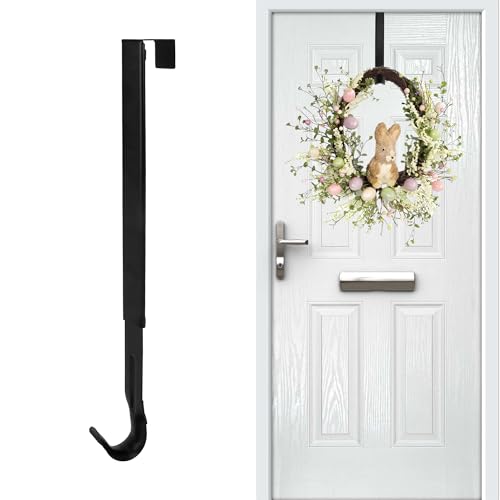 Chffcuh Wreath Door Hanger, Black Wreath Hanger for Front Door, Adjustable Wreath Hanger from 15 to 25 Inches Wreath Hanger, Metal Door Wreath Hanger for Valentine, Spring, Easter Decorations Wreaths