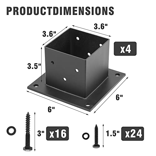 Naturein 4×4 Post Base 4 Pcs, Deck Post Base 3.5 X 3.5 Inch, Heavy Duty Post Anchor Base, Wood Post Brackets Deck Base Plate For Deck Railing Support Trim Anchor,Matte Black #TOP1