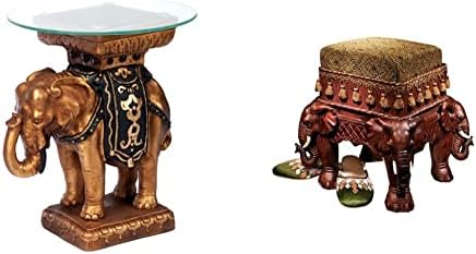 Design Toscano Maharajah Elephant Indian Decor Glass Topped Side Table, 22 Inch, Two Tone Black and Gold & Maharajah Elephants Indian Decor Upholstered Footstool, 13 Inch, Woodtone
