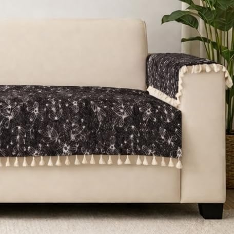 Image of STITCHNEST Woven Fabric Sofa Cover 2 Seater with 2 Hand Rest Covers - Washable Black Sofa Cover with Tassels - Durable Premium Fabric - Stylish Sofa Protector for Living Room & Furniture Decor