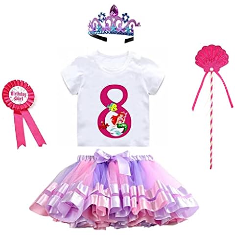 Yoriko Girls Mermaid Birthday Costume Tutu Skirts Dress with Mermaid Birthday Girl Tshirt, Headband, Satin Sash Cover