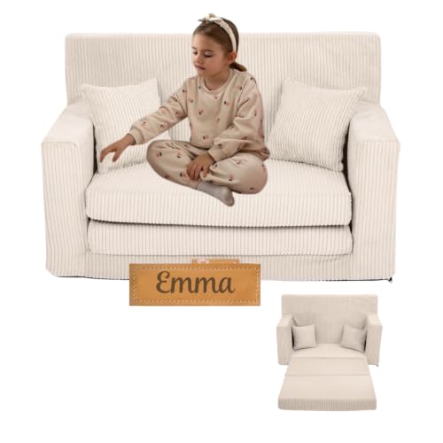 Flumi Personalisierte Kindercouch: Mini Schlafsofa für Kinderzimmer, Kuschelecke, Spielsofa, Kindersofa, Kleine Couch mit Gravur, Kord,92x40x60, Ideal für Leseecke und Jugendzimmer (Beige Kord)