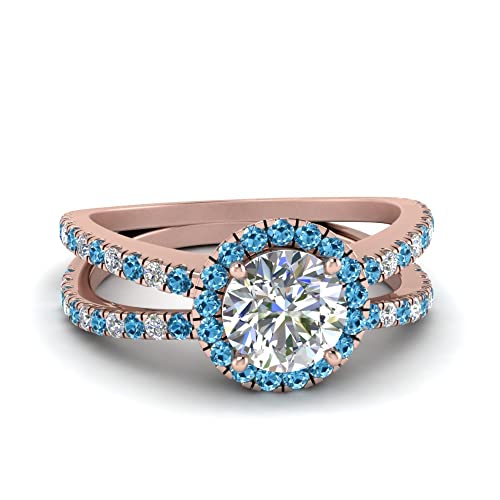 Image of 55Carat Choose Your Gemstone Reverse Split Shank Halo Diamond CZ Ring Rose Gold Plated Round Shape Halo Engagement Rings Matching Jewelry Wedding Jewelry Easy to Wear Gifts US Size 4 to 12