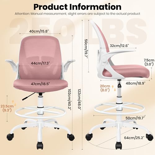 Image of Primy Drafting Chair Tall Office Chair with Flip-up Armrests Executive Ergonomic Computer Standing Desk Chair with Lumbar Support and Adjustable Footrest Ring (Rose Quartz)