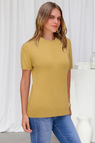 Image of Arach&Cloz Women's Lightweight Wool Blend Short Sleeve Sweater Top Business Casual