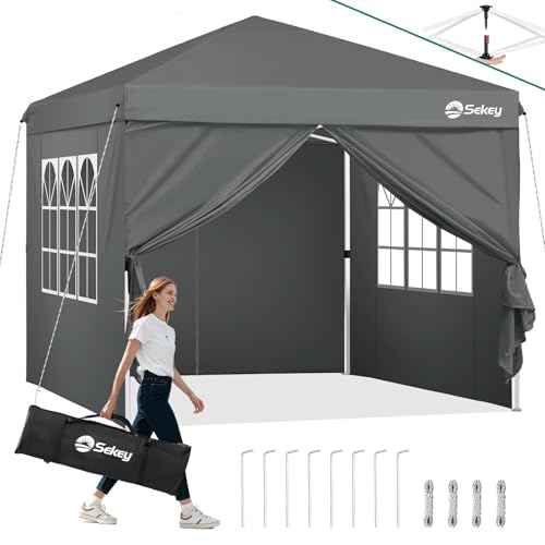 Sekey Pop Up Pavillon 3x3 Wasserdicht Stabil Winterfest, Faltpavillon 3 x 3 m, Camping Pavillion Faltbar Partyzelt mit Seitenwänden, Höhe Verstellbar in 3 Stufen, Grau (Grau, Höhe 260)