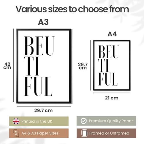 Impresión tipográfica minimalista Be U Tiful en blanco y negro para pared, tamaño A4 2