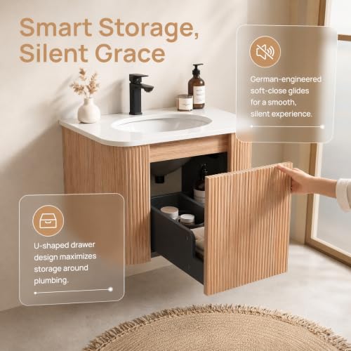 Image of 24 Inch Wall Mounted Bathroom Vanity with Ceramic Sink, Pre-Assembled Floating Vanity Cabinet with Marble Countertop, Wave Texture Finish & Drawer, Wood
