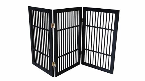 Urnporium Pet Dog Gate Freestanding, Strong Durable Folding Wooden Fence, Portable Acacia Hardwood Safety Barrier for Indoor & Outdoor Use (Black Pet Gate, 3 Panel 30" Tall)