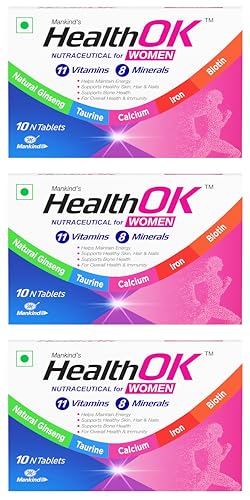 Image of Mankind HealthOK Women Multivitamin 10 Tablets - Strawberry Flavour, Pure Vegetarian, 19+ Essential Vitamins & Minerals with Biotin & Ginseng | Hair Skin Nails, Energy & Bone Health Support x Pack of 3