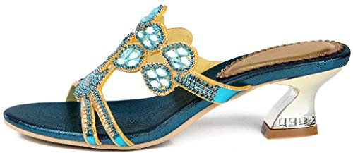LizFoYa Women Rhinestone Decorated Slip On Heeled Sandal Flower Cutout Low Heels2
