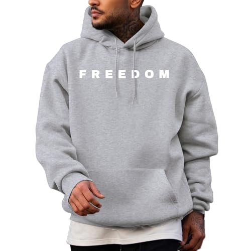 XDFVC Freedom Hoodie for Men Women Freedom Sweatshirt Letter Print Graphic Hoodie Casual Fashion Long Sleeve Pullover Unisex Light Grey