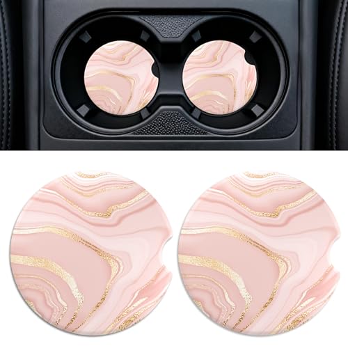 Rueneaj Car Cup Holder Ceramic Coasters 2 Pack, 2.56 in Anti Slip Absorbent Coaster with Cork Base and Finger Notch, Funny Cute Car Accessories Interior for Women, Light Pink Stone