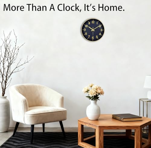 Image of Modern Wall Clock, 10 Inch Digital Wall Clocks Battery Operated, Round Non Ticking Silent Analog Clock for Bedroom Living Room Kitchen Office Gym Classroom Decor, Gold Navy Blue Battery Clock