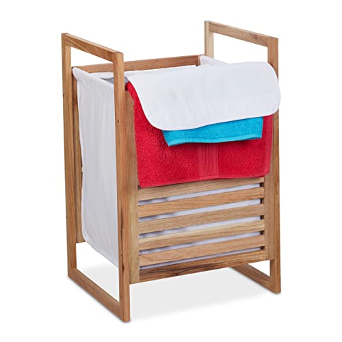 Relaxdays Cesto Ropa Sucia Madera Nogal, con Tapa, 60x40x35 cm, 50 litros, Baño, Lavandería, Dormitorio, Natural/Blanco