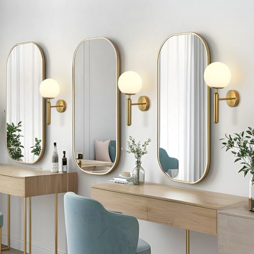 Image of KCO Lighting Set of 2 Mid Century Modern Brushed Gold Globe Wall Sconces | E26 Bulb Included, Indoor Frosted Milk Glass Wall Light, Vintage Hardwired Vanity Fixture for Bathroom Bedroom Hallway Bar