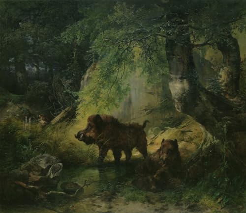 Imagen Jabalí y lobo Poster Vintage Friedrich Gauermann Decoración Pared para Oficina Casa 60x90