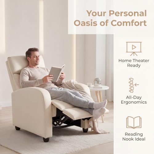 Image of Manual Recliner Chair, Oversized Lazy Boy Reclining Sofa with Adjustable Backrest & Extended Footrest, Ergonomic Single Recliner Couch for Home Theater Seating, Living Room, Bedroom, Beige