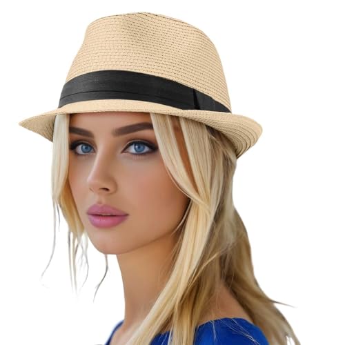 Generisch Chapeau de brousse Enfant Chapeau Fedora en Paille pour Homme et Femme Chapeau Pliable à Bord Court Enroulé Panama Chapeau d'été Plage Chapeau de...