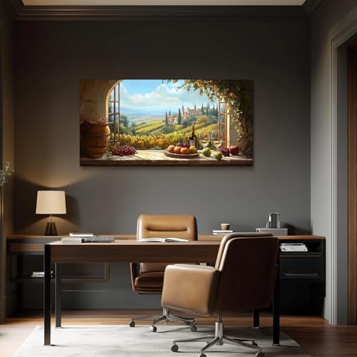 crmotu Faux Window Large Wall Art, Italian Wine Country Landscape Art Prints, Vineyard Picture Kitchen Wall Decor, Sunlit Rustic Grape Fields Paintings for Dining Room Hallway Basement 24x48 Inch