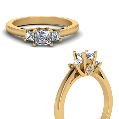 Image of Choose Your Gemstone Three Stone Princess Diamond CZ Engagement Ring Yellow Gold Plated Princess Shape Side Stone Engagement Rings Minimal Surprise Gifts for Ladies US Size 4 to 12