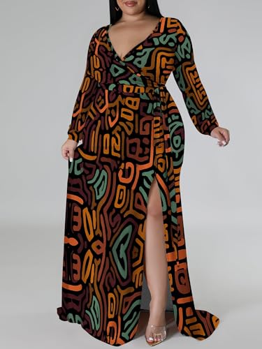 Image of PinkPatty Women's Plus Size Long Sleeve Maxi Dress Casual V Neck Slit Tie Waist Wrap Dresses for Party Cocktail