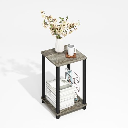 Image of Furinno Modern Toolless 2-Tier Side Table, Open Shelf, Grey Oak