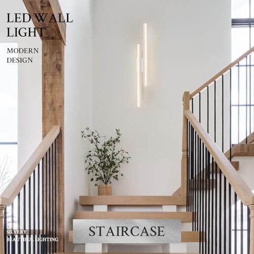 Image of LED Wall Sconce Silver Modern Remote Wall Light Fixtures for Living Room, Dimmable LED Vanity Light Indoor Remote Wall Sconce for Bedside Bedroom Bathroom Dining Room, L31.5inch 1 Pack