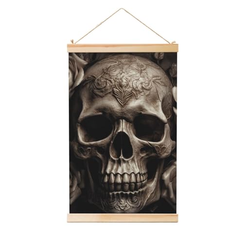 Toile motif tête de mort d'art avec suspension cintre en bois