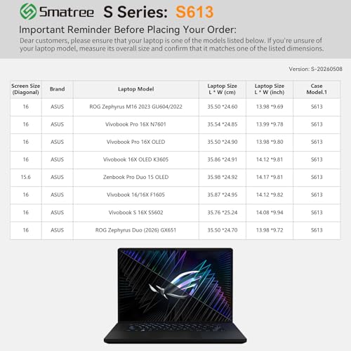 Image of Smatree SlimPro Laptop Sleeve Case for 16 inch ASUS ROG Zephyrus M16 2023 GU604 /2022, for Vivobook Pro 16X N7601 /16X OLED, for Zenbook Pro Duo 15 OLED, for ROG Zephyrus Duo 2026 GX651, Blue(S613B)